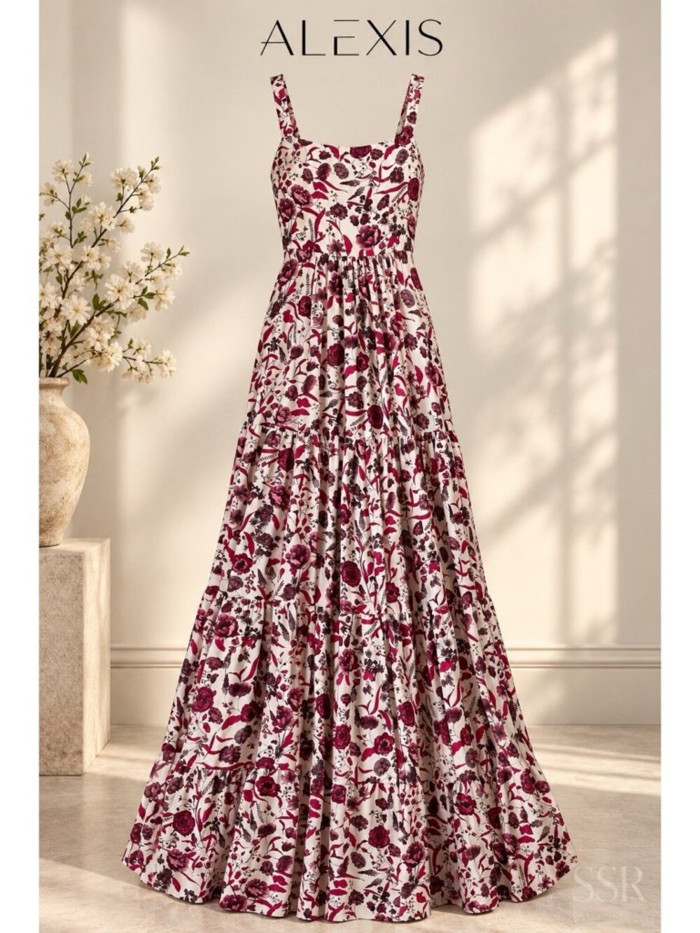 ALEXIS Zofia Floral Maxi Dress XS Pink Burgundy Tiered Sleeveless Resort Gown